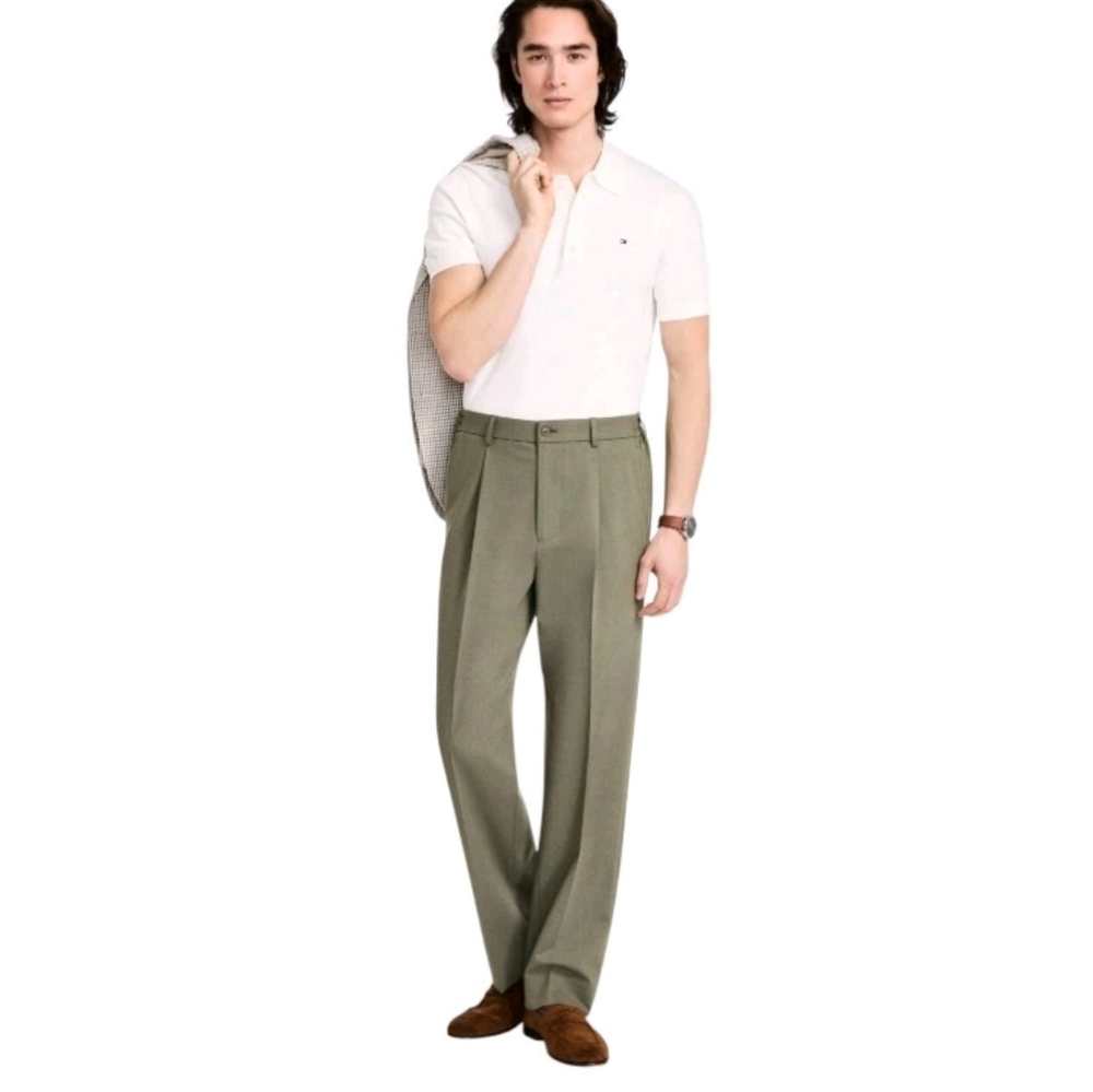 $95 Tommy Hilfiger Mens ThFlex  Dress Pants 33W/32L Sage Green Solid Stretch